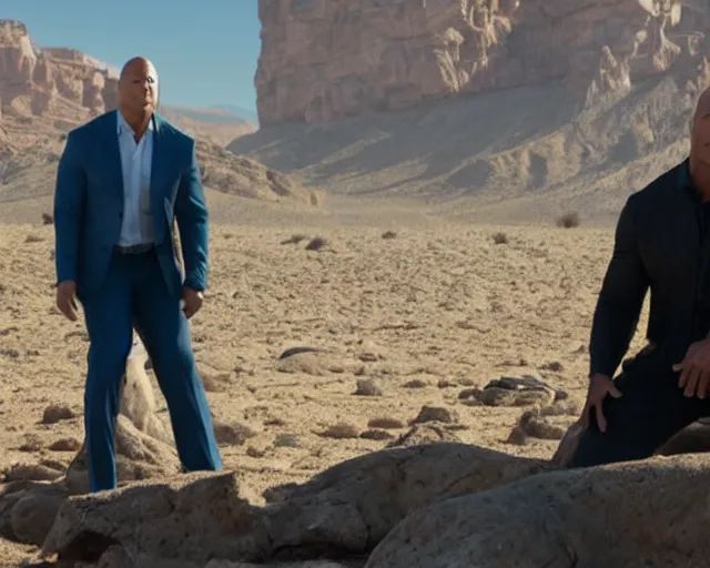 Prompt: dwayne johnson and bob odenkirk in the desert, movie still, photorealistic, detailed realistic bodies, realistic faces, clea composition