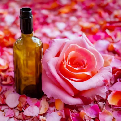 Image similar to bottle buried in luscious pink rose petals, peach background, soft femme, romantic environment, up close shot