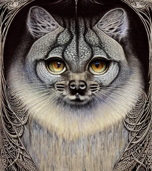 Image similar to detailed realistic beautiful manul portrait by jean delville, gustave dore, iris van herpen and marco mazzoni, art forms of nature by ernst haeckel, art nouveau, symbolist, visionary, gothic, neo - gothic, pre - raphaelite, fractal lace, intricate alien botanicals, ai biodiversity, surreality, hyperdetailed ultrasharp octane render