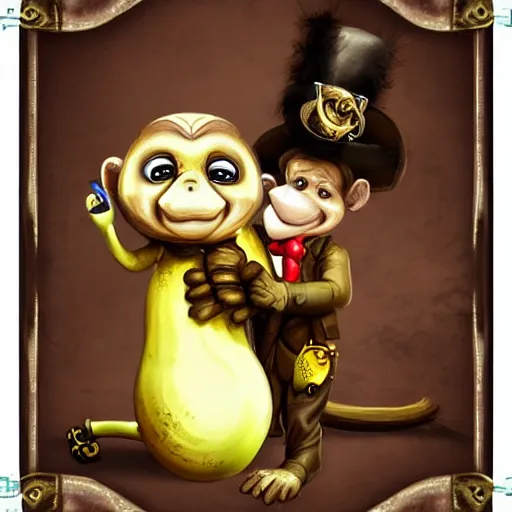 Image similar to cool monkey with banana in steampunk style, digital art, high quality, artstation