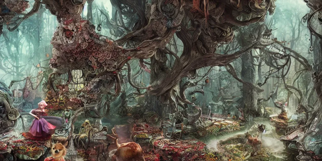 Prompt: alice in wonderland, intricate watercolor illustration, mistic atmosphere, scarry, octane render, intricate, hyper detailed, morning light, well rendered