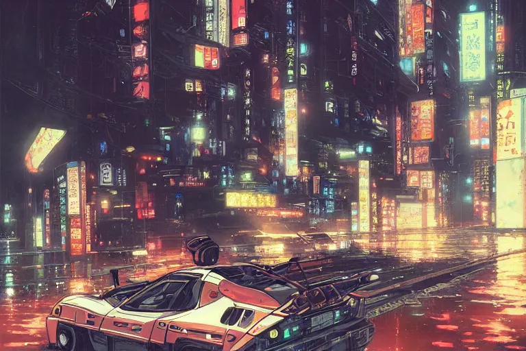 Prompt: akira cyberpunk autozam az - 1 speeding through tokyo at night by greg rutkowski makoto shinkai takashi takeuchi studio ghibli, akihiko yoshida