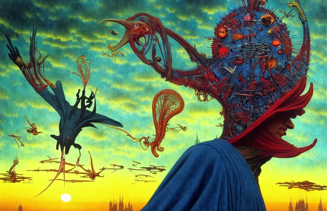 Image similar to realistic detailed portrait movie shot of a birdman wearing a dark robes, sci fi city landscape background by denis villeneuve, amano, yves tanguy, alphonse mucha, ernst haeckel, max ernst, roger dean, masterpiece, rich moody colours, dog teeth, blue eyes, sunset