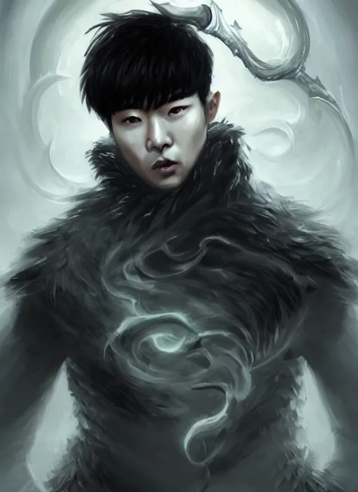 Image similar to a highly detailed illustration of fierce korean man with bowl cut black hair wearing tie with giant black claws, evil wielding giant black fog claws pose, foggy lovecraftian black mist surrounding background, perfect face, intricate, elegant, highly detailed, centered, digital painting, artstation, concept art, smooth, sharp focus, league of legends concept art, wlop.