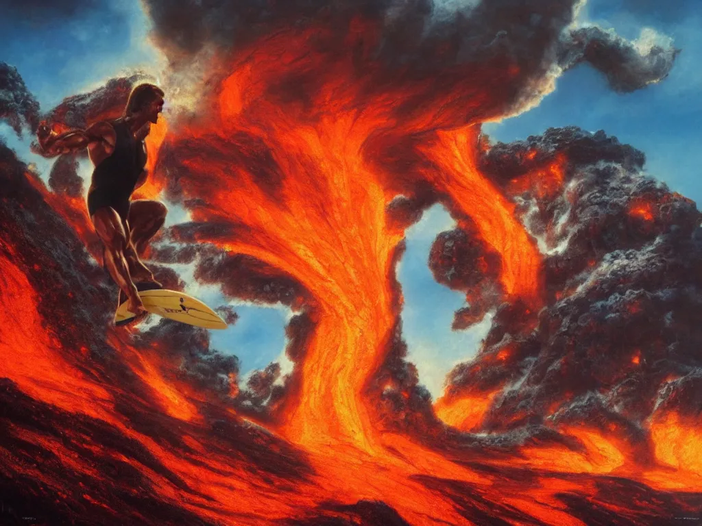 Image similar to arnold schwarzenegger surfing on lava from an erupting volcano by boris vallejo, stunning scene, 8 k, digital painting, hyperrealism, bright colors, trending on artstation
