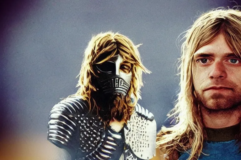 Image similar to a knight with no helmet and the knight\'s head is kurt cobain