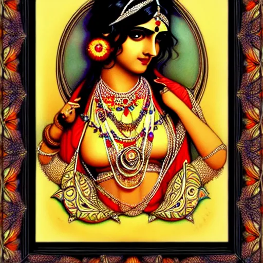 Image similar to beautiful fair Indian goddess wrapped in Art nouveau Ornaments and Frame, highly detailed, digital painting, artstation, concept art, soft light, sharp focus, illustration