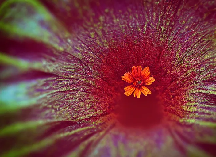 Prompt: A macro photograph of a flower by Zdzislaw Beksinski, depth of field, bokeh