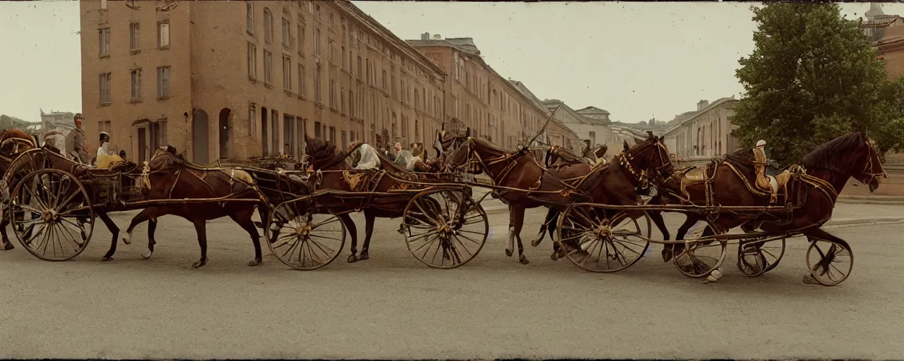 Prompt: 1 8 0 0 s horse drawn carriage carrying piles of spaghetti to a factory, daguerreotype, ultra - realistic faces, fine detail, anon 5 0 mm, wes anderson, kodachrome, retro