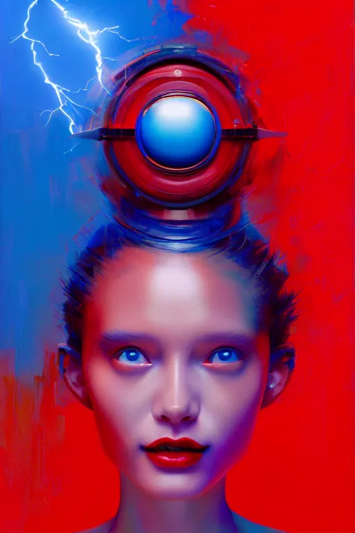 Image similar to 3 d, sci - fi, morning, smiling fashion model face, sun, lightning clouds, vogue cover style, light red and deep blue mood, cinematic, realistic painting, intricate oil painting, high detail, figurative art, multiple exposure, poster art, 3 d, by stanley kubrick and tooth wu and wlop and beeple and greg rutkowski