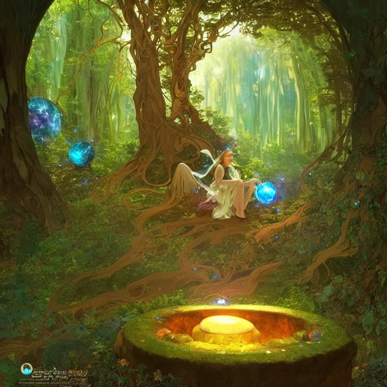 Prompt: Fantasy Magical fairy-tale glowing stone portal in the forest. Round stone portal teleport in trees to other worlds. Fantastic landscape. Magic Altar in the fores, highly detailed, digital painting, artstation, concept art, smooth, sharp focus, illustration, art by alphonse mucha