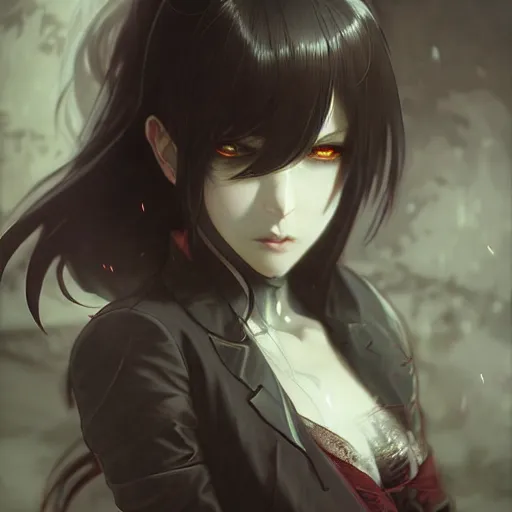 Prompt: A female vampire, atmospheric lighting, intricate detail, cgsociety, ambient light, dynamic lighting, anime style by Yusuke Kozaki