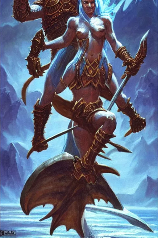 Image similar to a small blue-skinned triton girl wearing scale armor riding on a the shoulders of a large male goliath wearing fur and leather armor, dnd concept art, painting by Jeff Easley