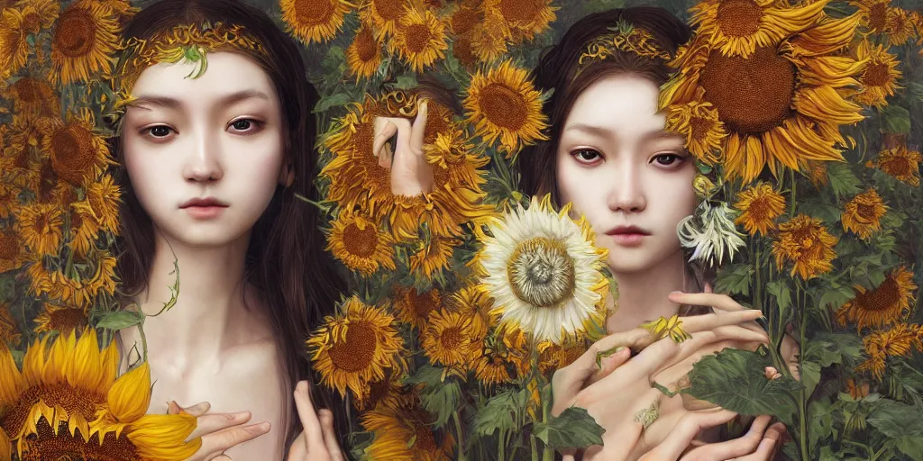 Image similar to breathtaking detailed concept art painting of the goddess of sunflower flowers, orthodox saint, with anxious, piercing eyes, ornate background, amalgamation of leaves and flowers, by Hsiao-Ron Cheng, James jean, Miho Hirano, Hayao Miyazaki, extremely moody lighting, 8K