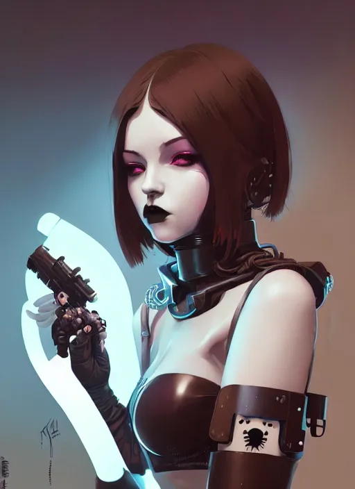Image similar to portrait of cute goth maiden in cyber bikini armor, face by ilya kuvshinov, warhammer, cyberpunk, by atey ghailan, by greg rutkowski, by greg tocchini, by james gilleard, by joe fenton, by kaethe butcher, dynamic lighting, gradient light blue, brown, blonde cream and white color in scheme, grunge aesthetic