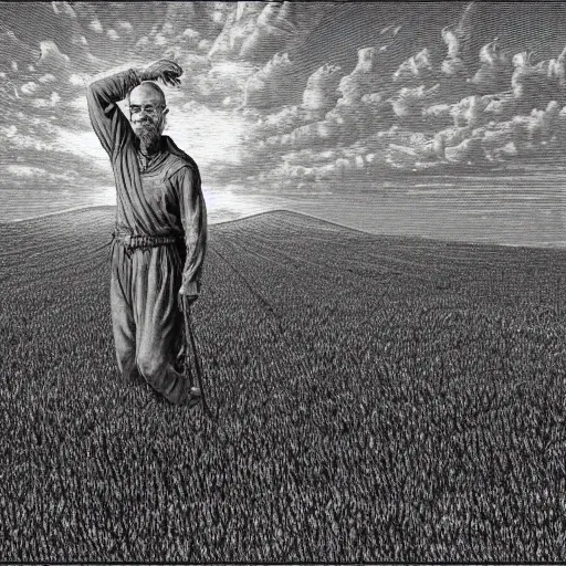 Prompt: walter white as god decending upon a golden field of wheat, trending on artstation, gustave dore, renaissance art, hyper detail, bloom, painting