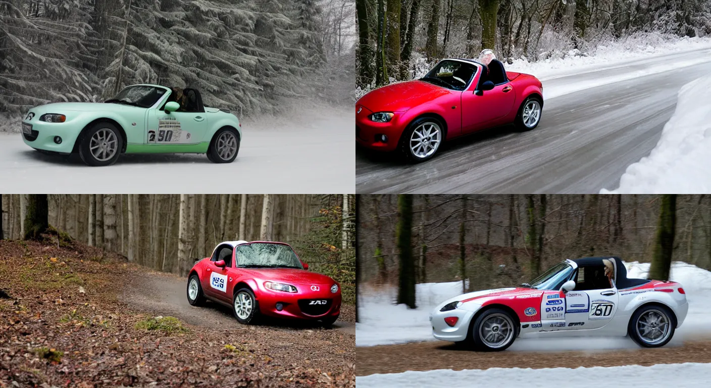 Prompt: a 2 0 0 7 mazda mx - 5 roadster coupe, racing through a rally stage in a snowy forest