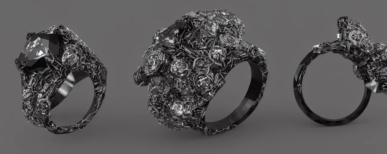 Image similar to black magic crystal ring, fire, flame, crystal, engravings, diamonds, product design, art by gerald brom, greg rutkowski and artgerm, photo realism, unreal engine, c 4 d