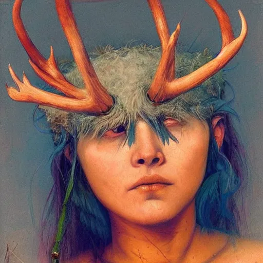 Prompt: A young female shaman blindfolded, blue hair and antlers on her head, blindfolded, heilung, made by Esao Andrews and Karol Bak and Zdzislaw Beksinski