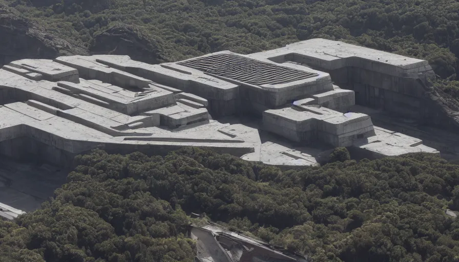 Image similar to big brutalist imperial military base on cliffs, drawing architecture, very long shot, top angle, imperial architecture in rogue one, pritzker architecture prize, brutalism architecture, jan urschel, greig fraser