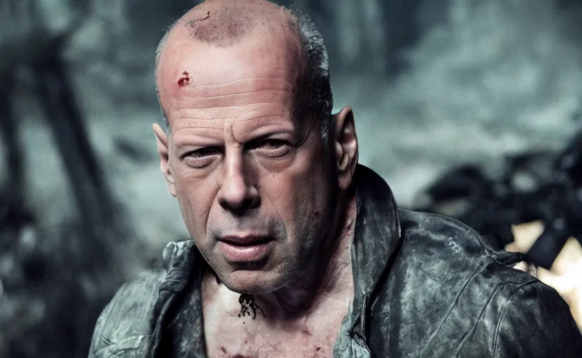 Image similar to photo of bruce willis future vampire hunter, ultra detailed, movie frame, cinematical composition, 4 k