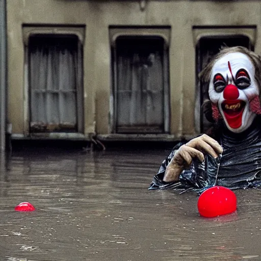 Prompt: horror photograph of clown from it trying to crawl out of a flooded sewer drain with trash and debris floating in dirty water, red balloon floats away in the sky, stephen king movie scene