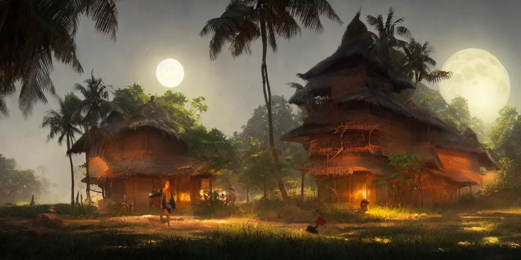 Image similar to moonlit kerala village, sharp focus, trending on ArtStation, masterpiece, by Greg Rutkowski, by Ross Tran, by Fenghua Zhong, octane, soft render, ultrarealistic, colorful, cinematic, horizon forbidden west