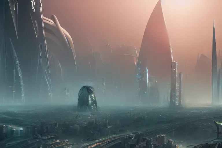 Image similar to a futuristic image of an alien desert with a gigantic complex shaped tower with tubes intersecting, fine detail, by James clyne and Andrée Wallin, foggy, cyberpunk city in the distance, iridescent, artstation, CG society, Ariel view, extra wide angle, morning light