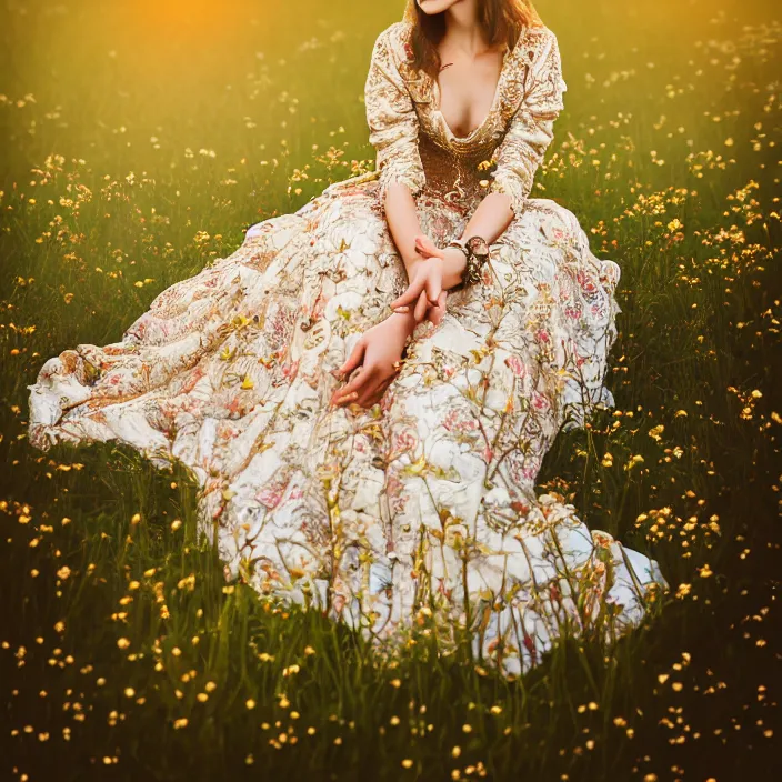 Image similar to portrait photo of an extremely beautiful woman in ornate gown sitting in an endless meadow. extremely detailed. dslr. 8 5 mm.