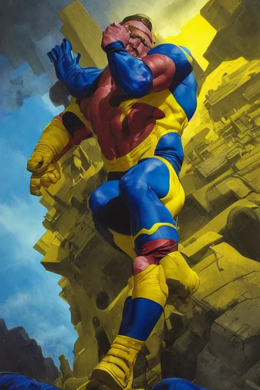 Image similar to marvel superhero, strong man with blue and yellow costume, goggles and leather helmet, yellow boots, yellow gloves, detailed portrait, action in background 8 k, concept art, painted by zdzislaw beksinski and artgerm and greg rutkowski and alphonse mucha, cinematic dramatic atmosphere, sharp focus, volumetric lighting, cinematic lighting, studio quality