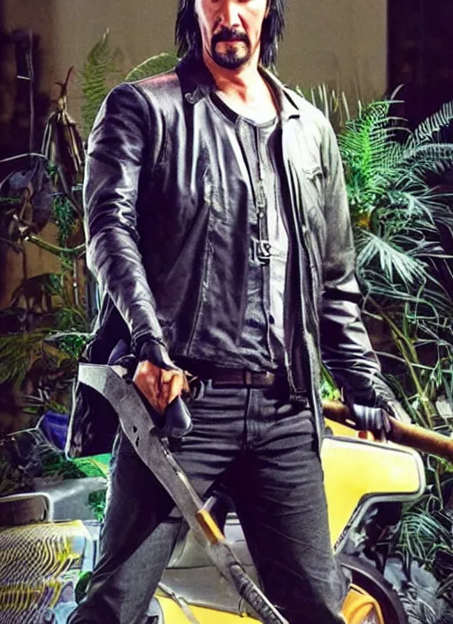 Prompt: keanu reeves as johnny silverhand!! holding a shovel, cyberpunk 2 0 7 7 wake up samurai, solarpunk, lots of plants, gardening, permaculture, anarchy, realistic, ultra detailed