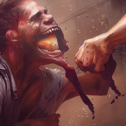 Image similar to original masterpiece artwork close-up of 2 men choking each other during a fight in an alleyway by greg rutkowski and drew strewzan, horror, crime, hyperrealistic, octane render, exciting pose, dynamic lighting