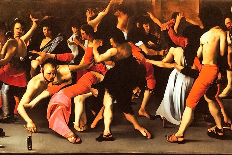 Image similar to painting of people dancing in a club in the 70's by Caravaggio, they're sweating, theynre hot, colored photography, flash photography, close up, 50mm lens