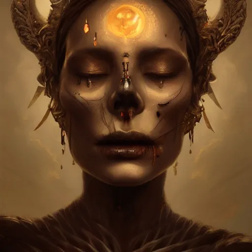 Prompt: a beautiful portrait of skull goddess with closed eyes by greg rutkowski and raymond swanland, dark background, trending on artstation, ultra realistic digital art