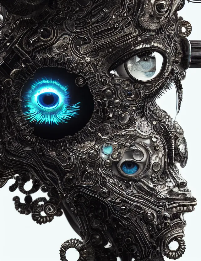 Image similar to eye of god macro close - up portrait with mask made of ram skull. betta fish, jellyfish phoenix, plasma, water, wind, creature, super intricate ornaments artwork by tooth wu and wlop and beeple and greg rutkowski