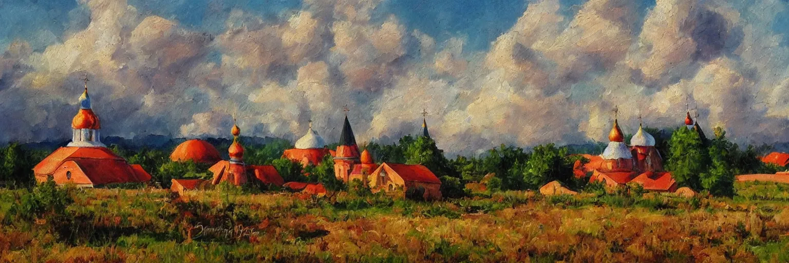 Prompt: beautiful landscape of Russian village, one church with domes, sunny and little cloudy, oil painting, high quality-n 9