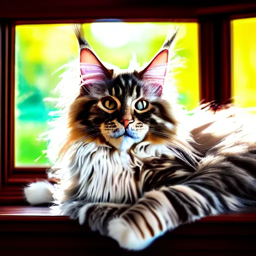 Prompt: portrait cream color maine coon cat curled up, bay window sofa, 8K, 4K, digital art, palette knife, oversaturated lens flair, bokeh, sunbeam, UE5, sumi-e