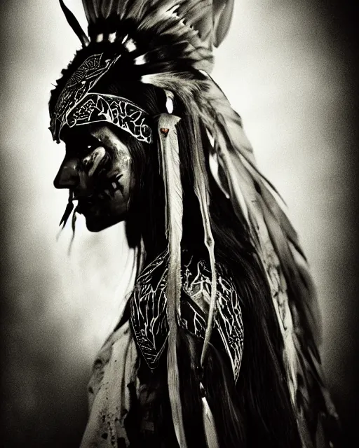 Image similar to lady native sisters ghost - spirit of the grim - warpaint wears the scarlet skull armor and native blood headdress feathers, midnight fog - mist!, cinematic lighting, various refining methods, micro macro autofocus, ultra definition, award winning photo, photograph by ghostwave - gammell - giger - shadowlord