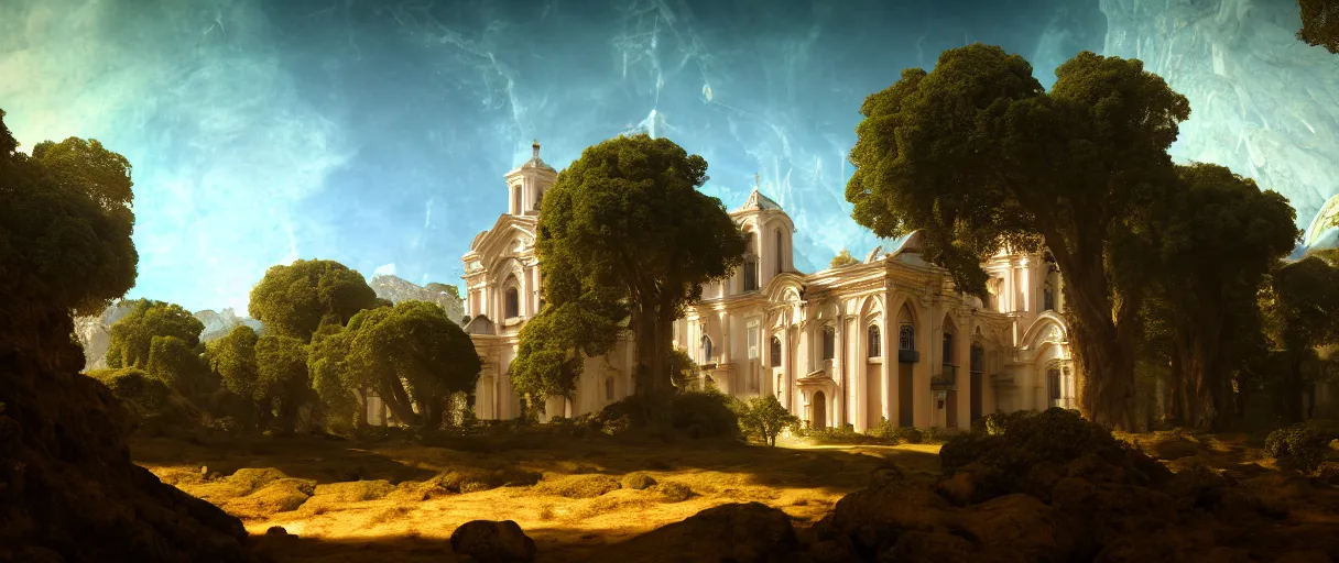 Image similar to hyperrealistic hyper detailed day shot of neo-rococo monastery on jupiter surrounded by giant blue trees matte painting concept art maciej kuciara gustave courbet cinematic orange lighting low angle hd 8k sharp shallow depth of field