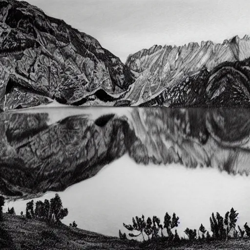 Image similar to lago di sorapis, hyper - realistic black and white drawing, hyper detailed, extreme long shot, in the style of den yakovelv