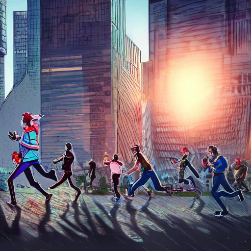 Prompt: bunch of people running away from a bitcoin giant in the city, hyper detailed, trending on artstation, cinematic composition hdr, 8 k, beautiful lighting, sharp details, digital illustration