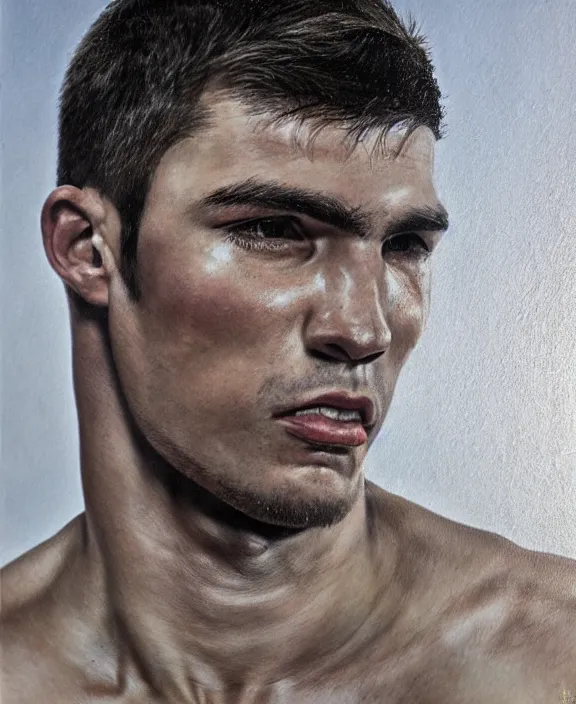 Image similar to portrait of a handsome young spanish boxer, art by denys tsiperko and bogdan rezunenko, hyperrealism