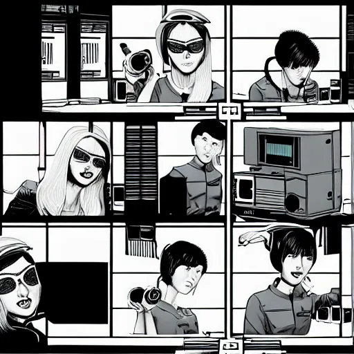 Image similar to twin sister models hacking into the mainframe of the pentagon, in the style of jamie hewlett and riyoko ikeda, black and white, photorealistic, epic, super cool