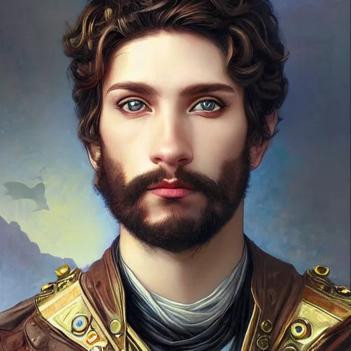 Image similar to a portrait painting of a fantasy steampunk male, highly detailed, art by tristan eaton and artgerm and william - adolphe bouguereau