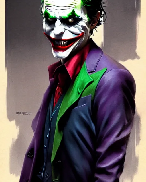 Image similar to character full body portrait of the joker | | realistic shaded, unpleasant face, bad looking, fine details, realistic shaded lighting poster by greg rutkowski, magali villeneuve, artgerm, jeremy lipkin and michael garmash and rob rey