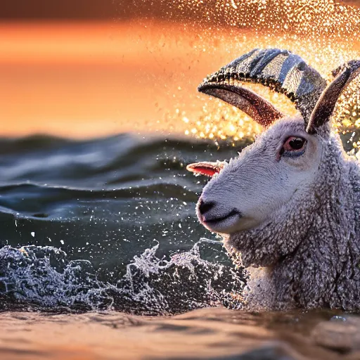 Image similar to a closeup photorealistic photograph of a cute baby sheep splashing in the surf during sunset. professional capture, well lit shot. this 4 k hd image is trending on artstation, featured on behance, well - rendered, extra crisp, features intricate detail, epic composition and the style of unreal engine.