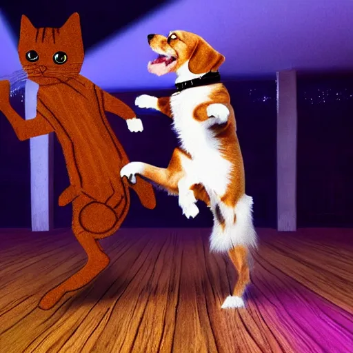 Prompt: dog and cat dancing in a night club