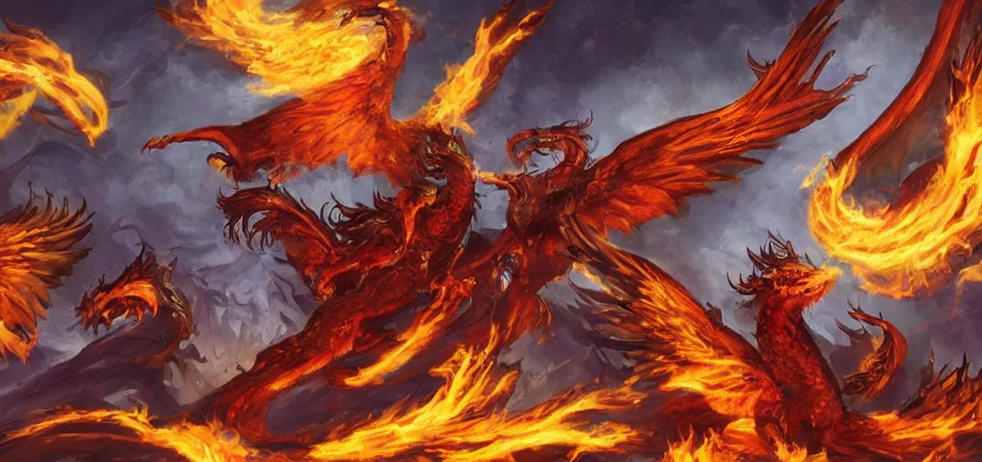 Prompt: Golden Dragons with flaming wings celebrating, MTG art style