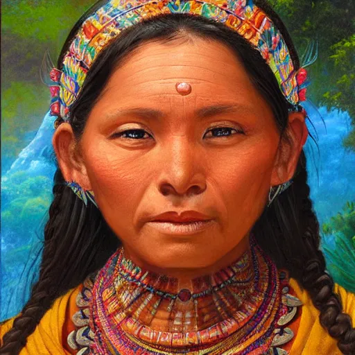 Prompt: portrait of a mayan woman ( 3 5 ) from mesoamerica, an oil painting by ross tran and thomas kincade