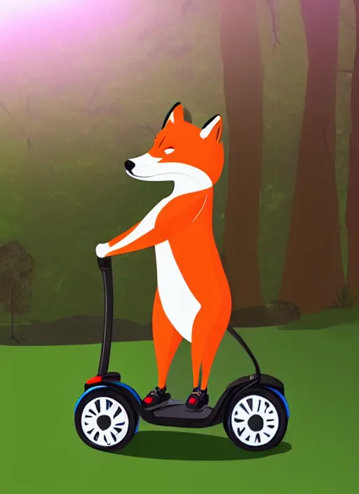 Image similar to an anthropomorphic male fox on a segway in a park, furry art, digital art, soft lighting